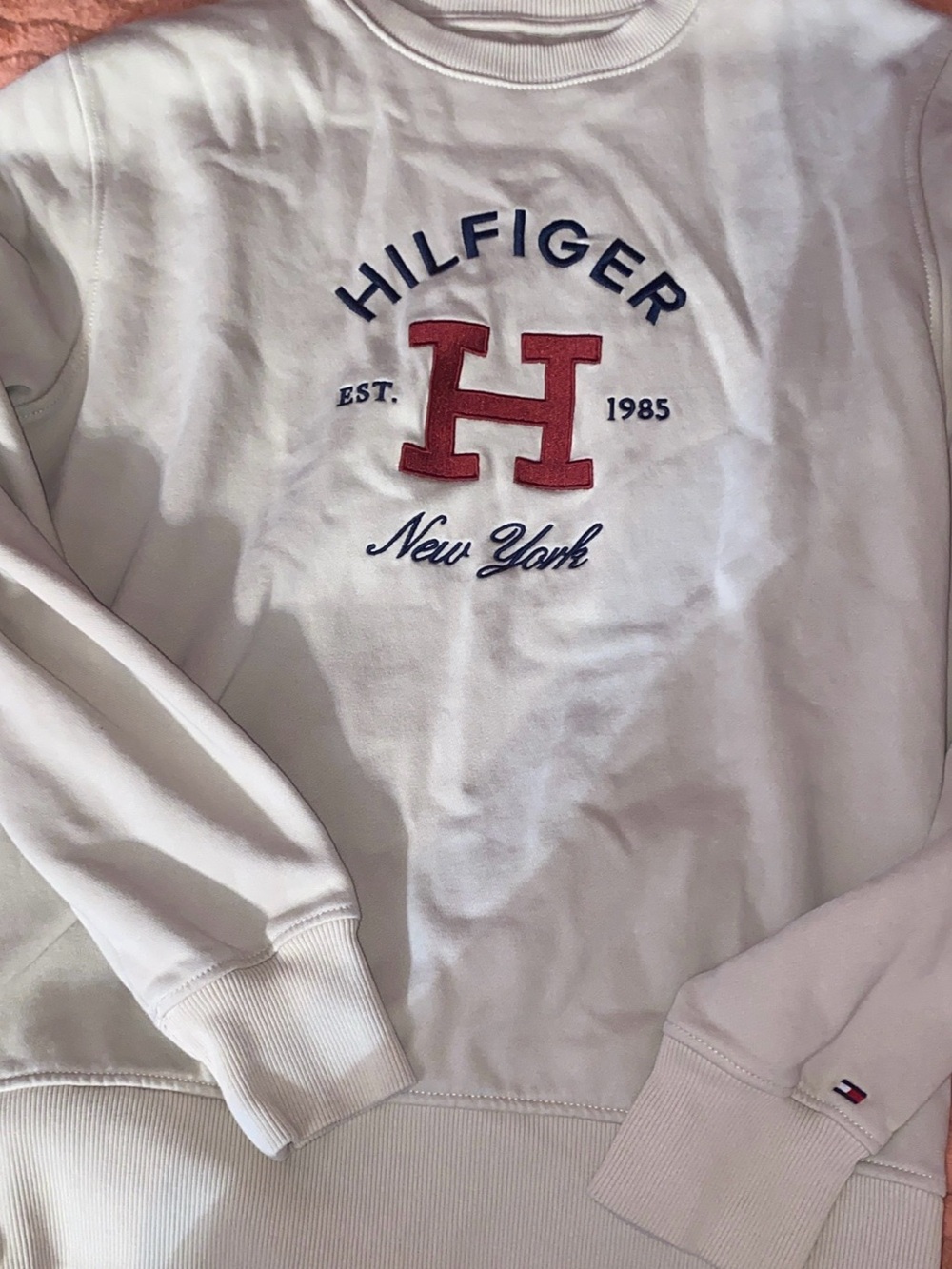 Vintage Tommy Hilfiger White Crewneck Sweater with Red 'H' Logo, Like New